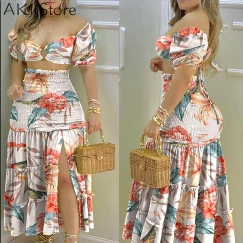 Sexy Floral Print Crop Top & Frill Hem Shirred Slit Maxi Skirt Set