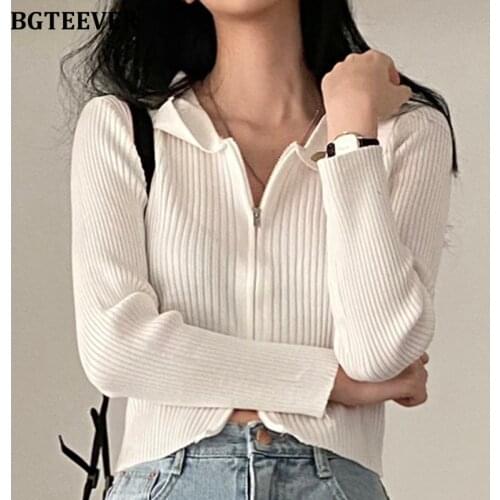 BGTEEVER Stylish Chic Full Sleeve Slim Female Knitted Cardigans Tops 2021 Autumn Lapel Zippers Women Solid Open Stitch Sweaters