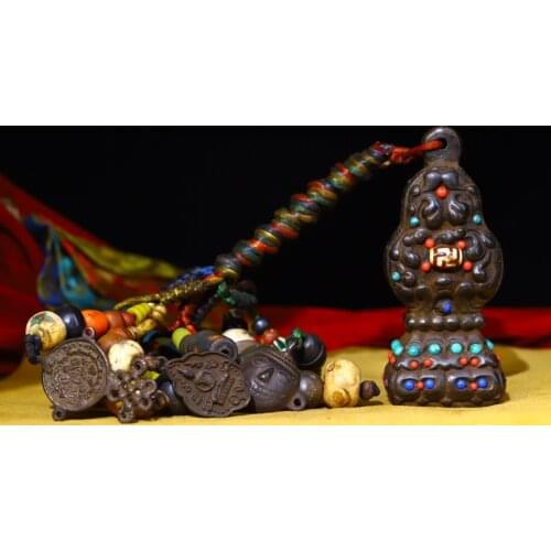 Tibet Buddhism Old Bronze Gem Dzi Bead French seal Pendant Buddha statue mask Amulet Ward off evil spirits Town House Exorcism