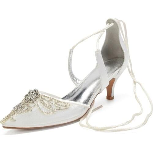 Pointed toe lady mesh satin evening dress shoes lace up with crystal applique elegant bridal wedding prom party heels thin strap
