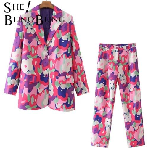 SheBlingBling Za Woman 2021 Casual Traf Outfits Female Autumn Colored Print Loose Blazers + Ankle Length Pants Suits 2 Piece Set