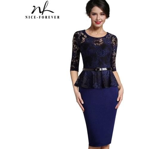 Nice-Forever Spring Women Elegant Lace Patchwork Peplum Dresses Business Office Bodycon Slim Dress B360