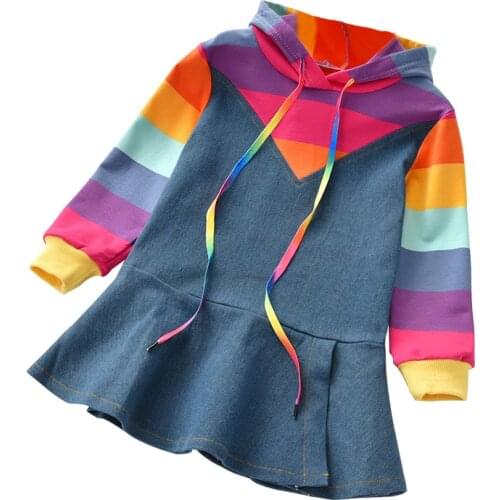 2021 New Design Denim Patchwork Rainbow Hooded Dresses For Girls Kids Child Clothes Sport Sweater Girls Full Sleeve Skirts Dress