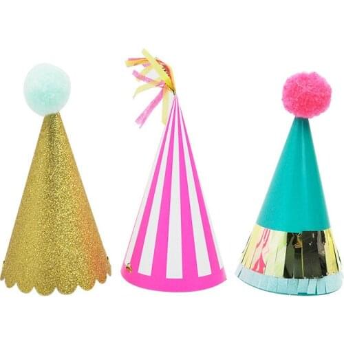 3pcs Color Aluminum Film Tassel Pompom Birthday Hat 17CM High Stripe Paper Gold Ribbon New Year Children Birthday Party Hat zx08
