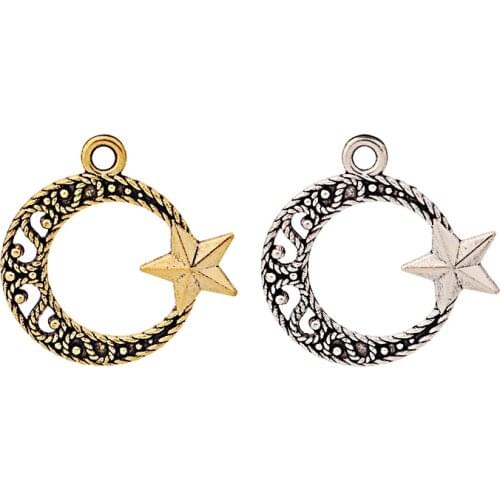 30 x Tibetan Silver/Gold Crescent Moon and Star Charms Pendants for Necklace Earring Jewelry Making 21x20mm