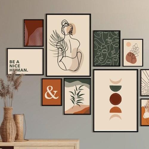 Abstract Leaf Geometric Sun Moon Girl Face Lines Boho Posters And Prints Wall Art Canvas Painting Pictures For Living Room Decor