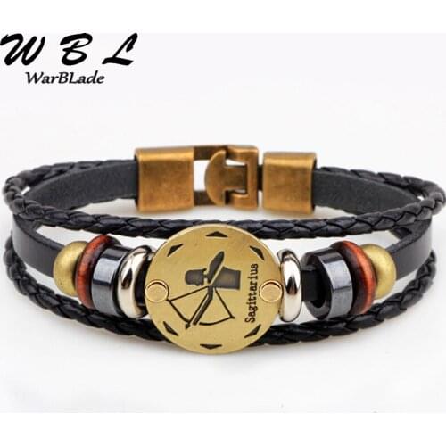 WarBLade 12 Constellations Bracelet Fashion Jewelry Leather Bracelets Bangles Men Women Personality Zodiac Signs Punk Wristband