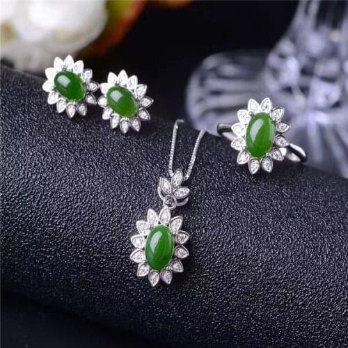 KJJEAXCMY boutique jewels 925 sterling silver and natural hetian jasper ring + necklace + pendant set sunflower jewelry
