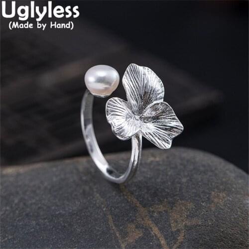 Uglyless Natural Pearls Rings for Women 3 Petals Flower Jewelry Genuine 925 Sterling Silver Rings Ethnic Fashion Floral Rings