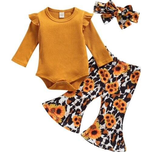 Clothes For Newborn 3Pcs Set Fresh Solid Color Long Sleeve Romper Floral Long Trumpet Pants Headband Baby Girl Clothes 0-18M