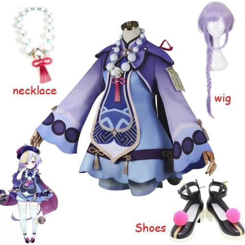 Genshin Impact Cosplay Costume Qiqi Cosplay Costume Women Zombie Purple Costume Halloween Dress Necklace Hat Full Set