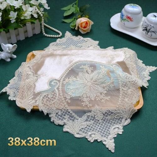Luxury European Delicate Embroidery Stitching Lace Square Placemat Coffee Cup Pad Furniture Antique Decorative Mat Fruit Coaster