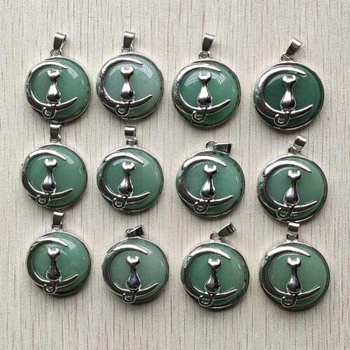 New Fashion natural green aventurine moon cat metal alloy charms Pendant for jewelry accessories marking wholesale 12pcs/lot