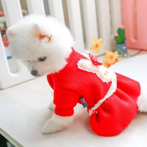 Pet Clothes Dress Autumn and Winter Dog Sweater Teddy Bichon Bow Pearl White Rabbit Princess Red Skirt Clothing