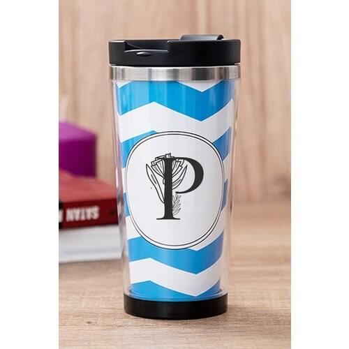 Gift Shop Letter P Floral Blue Thermos Cup