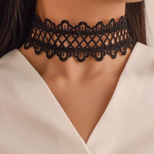 Simple Sexy Black Wide Hollow Lace Short Collarbone Choker Necklaces for Women