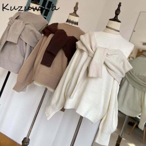Kuzuwata Puff Sleeve Fake Two Piece Pullover Japan Style Autumn Fashion Sweet Sweaters Sexy Shoulder Strapless Knitted Tops