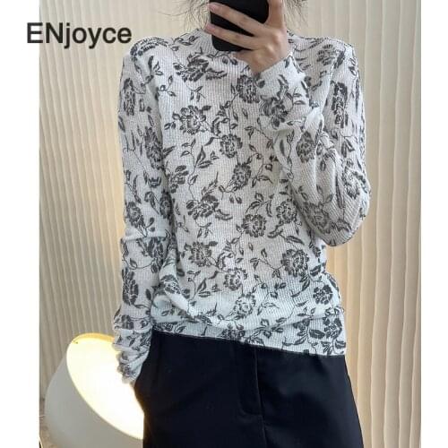 Vintage Mohair Wool Printed Knitted Thin Sweater Tops Women Ribbed Ladies Sweaters Slim Knitting Pullovers Spring Fall