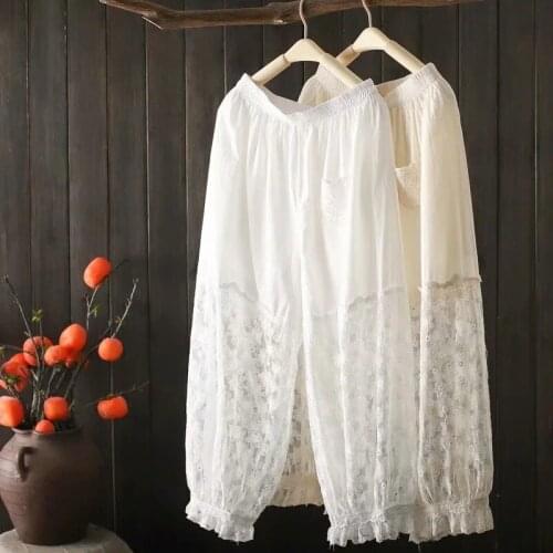Harajuku Women Summer Lace Mesh Patchwork Casual Elastic Waist Mori Girl Wide Leg Bottoms Pants Trousers Pantalones De Mujer
