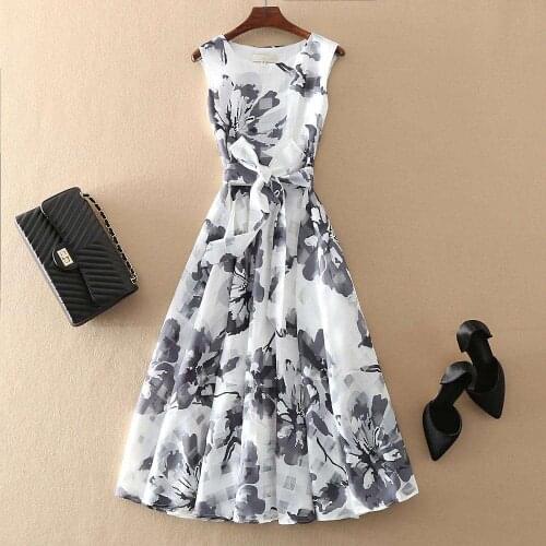 Vintage Ink Printing Summer Dress 2020 Women Elegant Floral V-Neck Sundress Female Streetwear Sleeveless Casual Chiffon Dress
