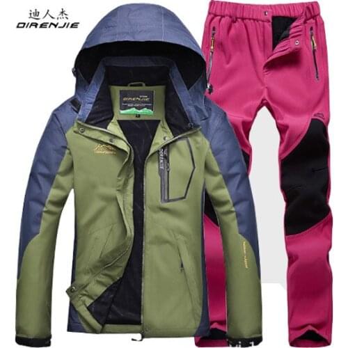 Womens Spring Autumn Sportswear Suit Outdoor Sports Trekking Hiking Waterproof Hooded Jacket +Camping Breathable Pant 1 Sets