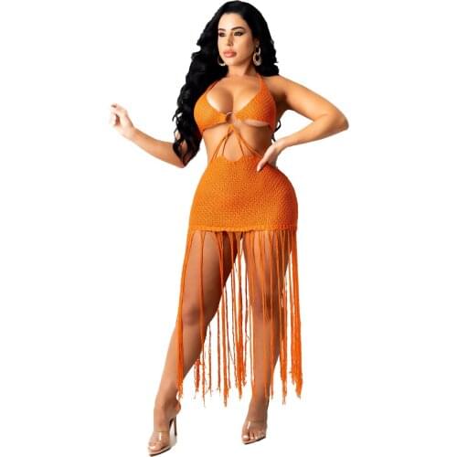 Adogirl Women Summer Beach Vacation Knit Mini Dress Elegant Tassel Sexy Backless Hollow Out Halter Slim Bodycon Dresses Club