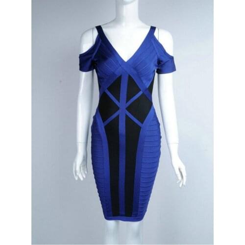 Fashion v neck bandage dress 2017 new women patchwork blue with black summer short sleeve sexy dress high nightclubs