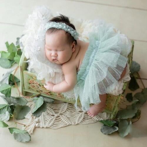 28EC Newborn Photography Props Lace Skirt Pearl Headband Set Baby Photo Shooting Costume Posing Assist Fotografie Accessory