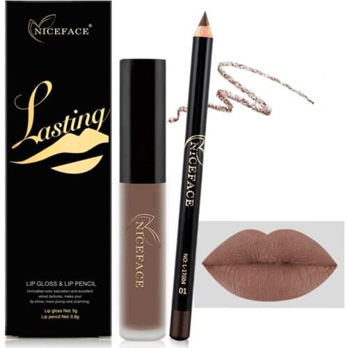 Non-stick Cup Does Not Fade Lip Gloss + Lip Liner Combination Collocation Set Hot Selling Liquid Lipstick