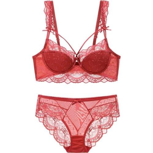 Big size 70-95 ABCDE cotton thin cup lace bra and panty set sexy transparent bra set hollow out underwear ultra-thin lingerie