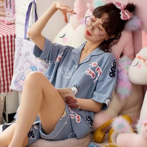 Winter Womens Pajama Blue Crayon Shin-Chan Sleep Tops Cotton Sleepwear Plus Size Loose Pijama Turn-down Collar Homewear Sets