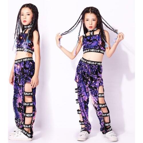 5-12 year summer children clothes Kids hip-hop suit girls jazz cropped short jazz street dance Purple Shiny Jazz Dance Costume