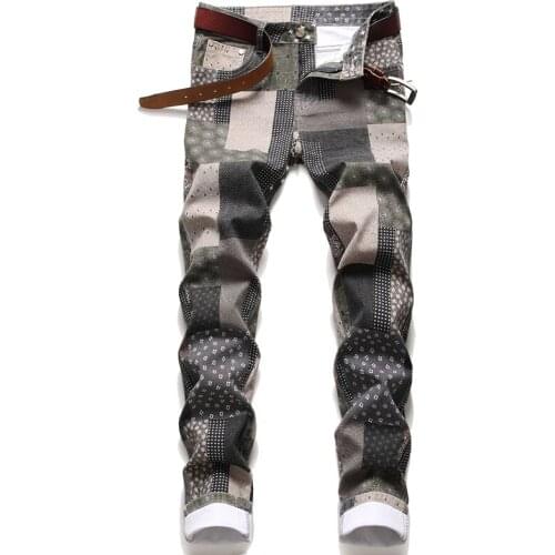 Men Colorful Personalized Trousers Fashion Print Stitching Patch Plaid Elastic Close-Fitting Pants Small Straight Tube Jeans