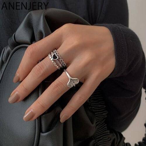ANENJERY 925 Sterling Silver Heart Rings for Men Women Vintage Adjustable Couple Ring Valentines Gift S-R1000