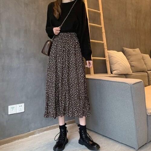 2020 new pleated black skirt wild floral A-line skirt female high waist mid-length Long skirt women chiffon floral cover ups