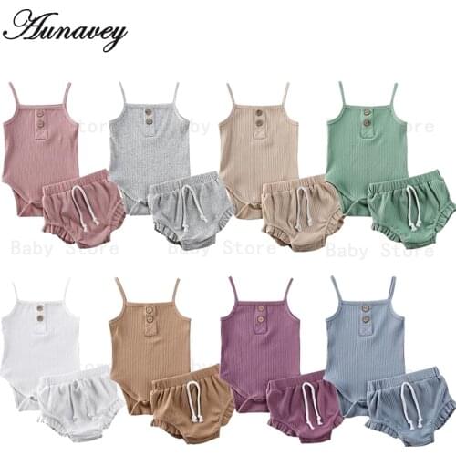 NEW 2020 Summer Newborn Baby Girls Romper ribbed Clothes Sleeveless Strap Solid Knitted Crop Tops + Shorts Outfits 2PCS Set