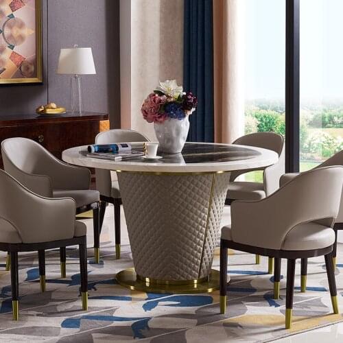 Dining Room Leather Furniture 6 Seater Stainless Steel Base Round Marble Dining Table