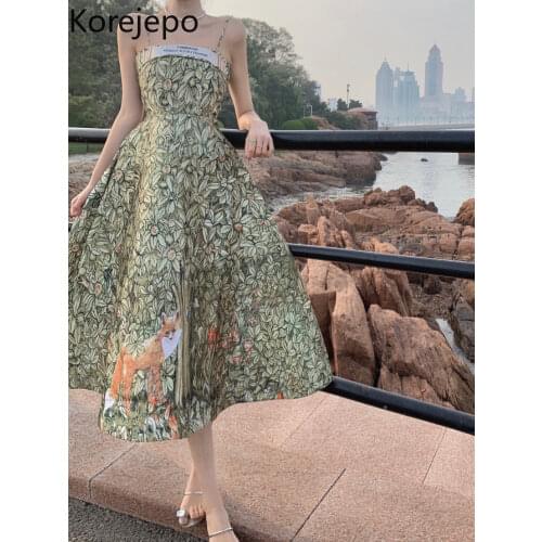 Korejepo Dress Women 2021 Summer New Style Tube Top Print A-line Design Thin Temperament Strapghetti Strap Dresses Female