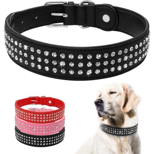 Rhinestone Dog Collar Bling Crystal Studded Pet Collar 2 Layer Leather Dog Collar For Large Dogs Pitbull German Shepherd XL