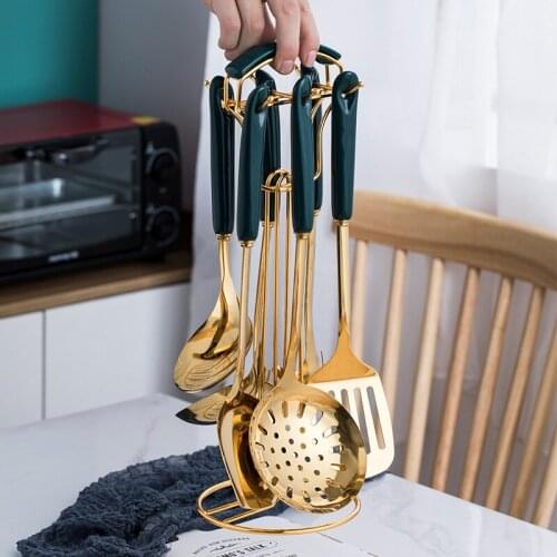 Dark Green Ceramic Handle Stainless Steel Cooking Utensils 6-piece Professional Kitchen Appliances Set Light Luxury Style