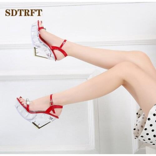 SDTFET 10cm High Heel Shoes PVC Transparent Wedges diamond Sandals For Women Sandalia Ankle Strap Open Toe Fetish Ballet Pumps