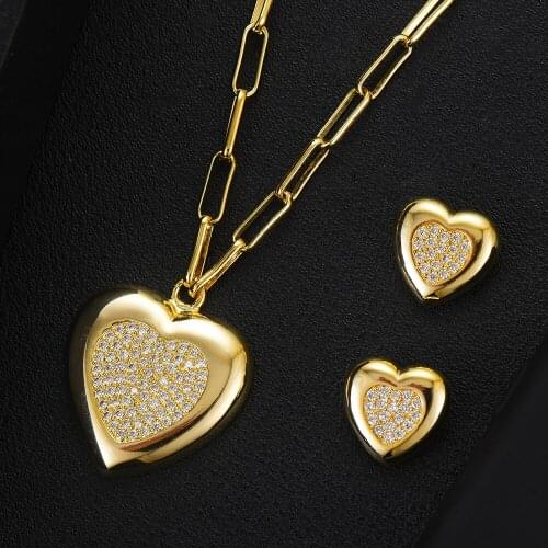 KellyBola Gorgeous Gold CZ Heart Necklace Earrings Women Bijoux Wedding Delicate Luxury Shiny Jewelry Branch for Party Wedding