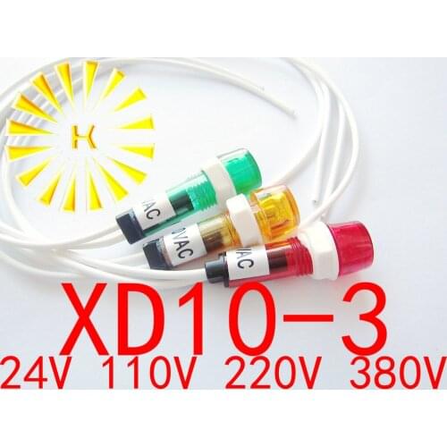 XD10-3 With 20CM Wire Signal Lamp Red Green Yellow 24V 110V AC220V AC380V 10mm Indicator Light Power LED Light Beads x 100PCS