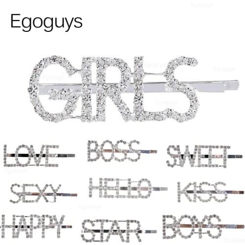 1Pc Shining Kiss Love Mine Letter Hairpins Crystal Shiny Rhinestones Word Hair Clips Women Styling Tool Girls Hairgrip Barrettes