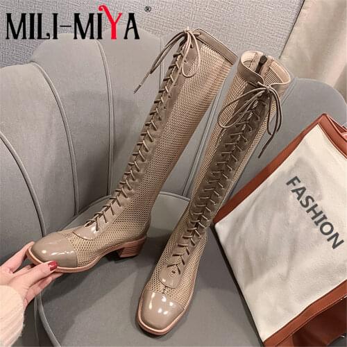 MILI-MIYA New Fashion Womens Summer Mesh Knee High Gladiator Boots Sexy Hollow-out Square Heels Lace Up Casual Shoes Size 34-40