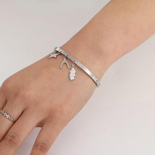 Charm Star&Tower&Feather Pendants Bangles Bracelets For Women Stainless Steel Hand Female Jewelry 2018