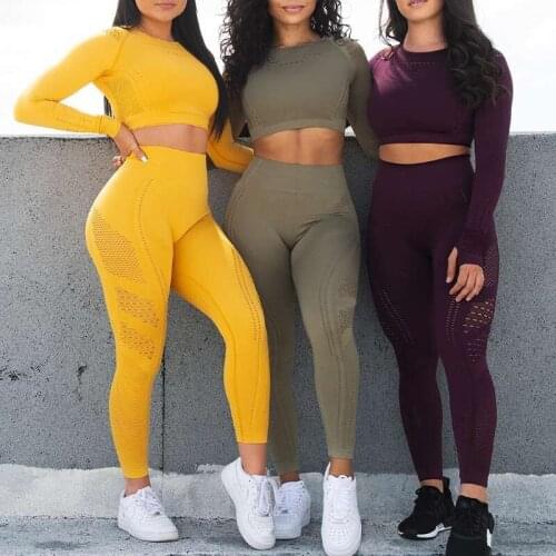 Womens Yoga Set Gym tracksuit for women 2 Piece Suit High Waist Pants And Shirts Sport Fitness Sports set Crop Top long US size