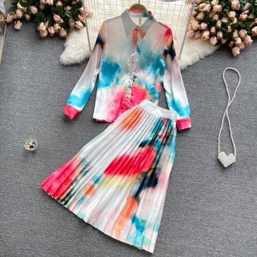 High Street Spring Autumn Fashion Women Long Sleeves Colorful Shirts + A Line Pleated Skirt Two-piece Sets Ladies Suits Outfit