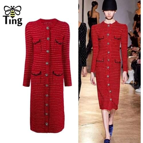 Tingfly 2021 Runway Vogue Knitted Midi Long Luxury Crystal Button Party Dinner Dress Christmas Red Single Breasted SP Elbise New
