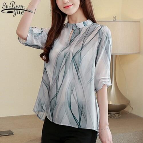 2021 Summer New Elegant Printed Stand Collar Short Sleeve Silk Tops Office Lady Summer Tops Chemisier Top and Blouse Femme 10071